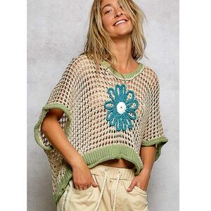 "The Gracie" Beige/Sage Daisy Crochet Sweater